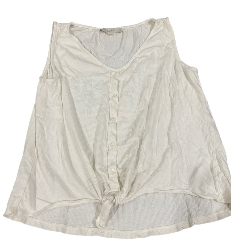 LOFT egg shell white sleeveless top, size small with a tie front and buttons.